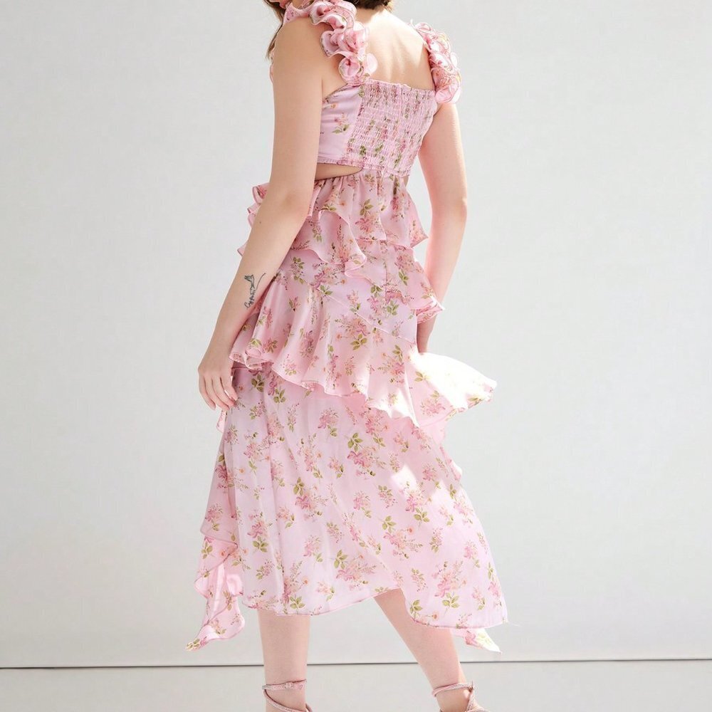 Pink Boho Women's Floral Print Cut Out Ruffle Hem Asymmetrical Flowy Dress - Picture 2 of 5